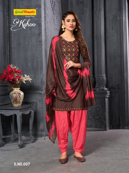 Kuhoo Green Tomato Semi Cotton Readymade Salwar Suits Wholesale