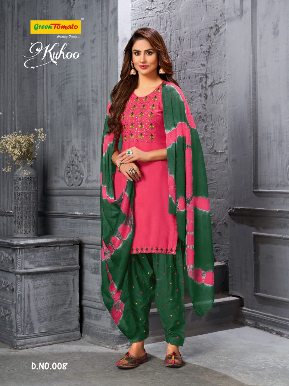 Kuhoo Green Tomato Semi Cotton Readymade Salwar Suits Wholesale
