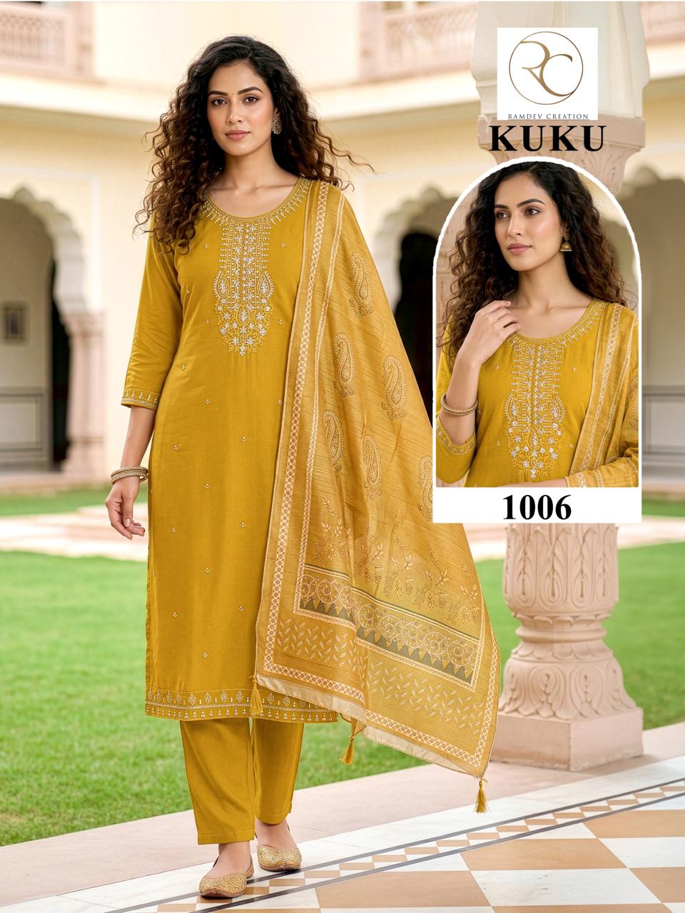 Kuku Ramdev Creation Rayon 14Kg Readymade Pant Style Suits Manufacturer India