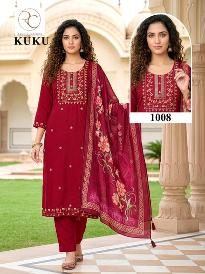 Kuku Ramdev Creation Rayon 14Kg Readymade Pant Style Suits Manufacturer India