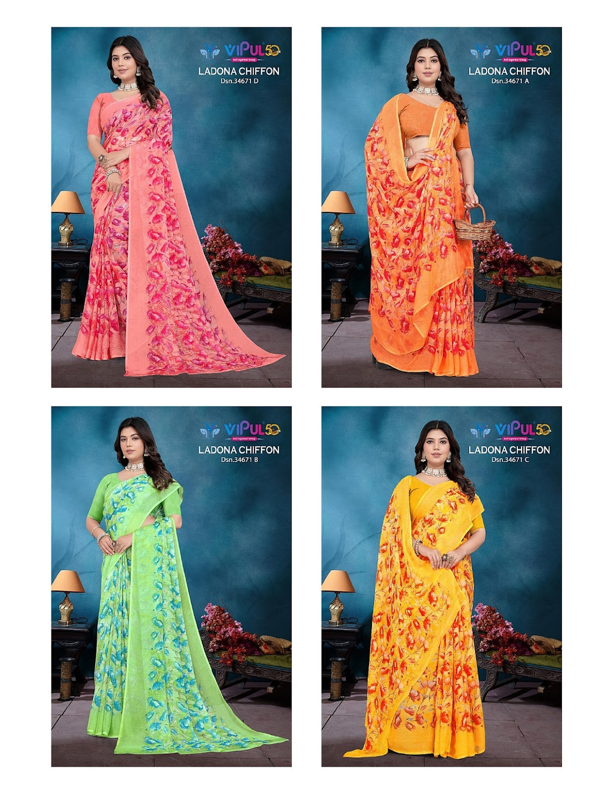 Ladona 34671 Vipul Chiffon Sarees Wholesale Price
