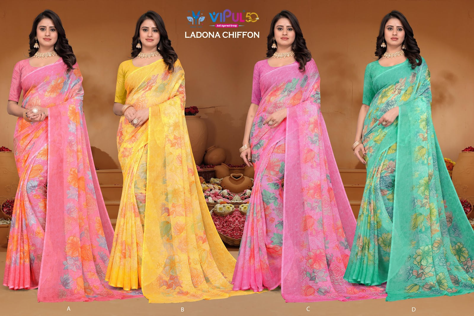 Ladona Vol 132 Vipul Chiffon Sarees Supplier Ahmedabad