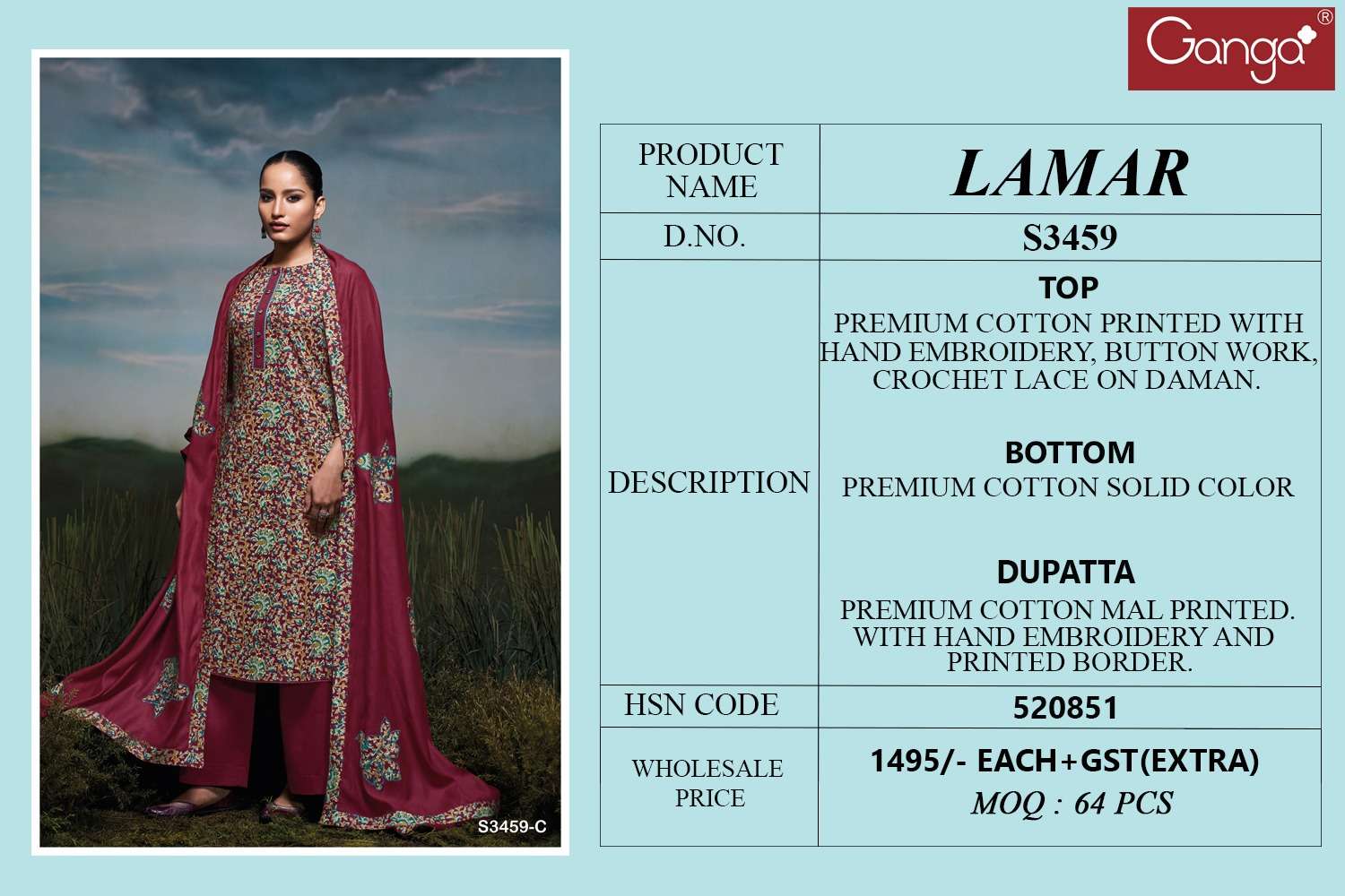 Lamar 3459 Ganga Cotton Pant Style Suits Manufacturer India