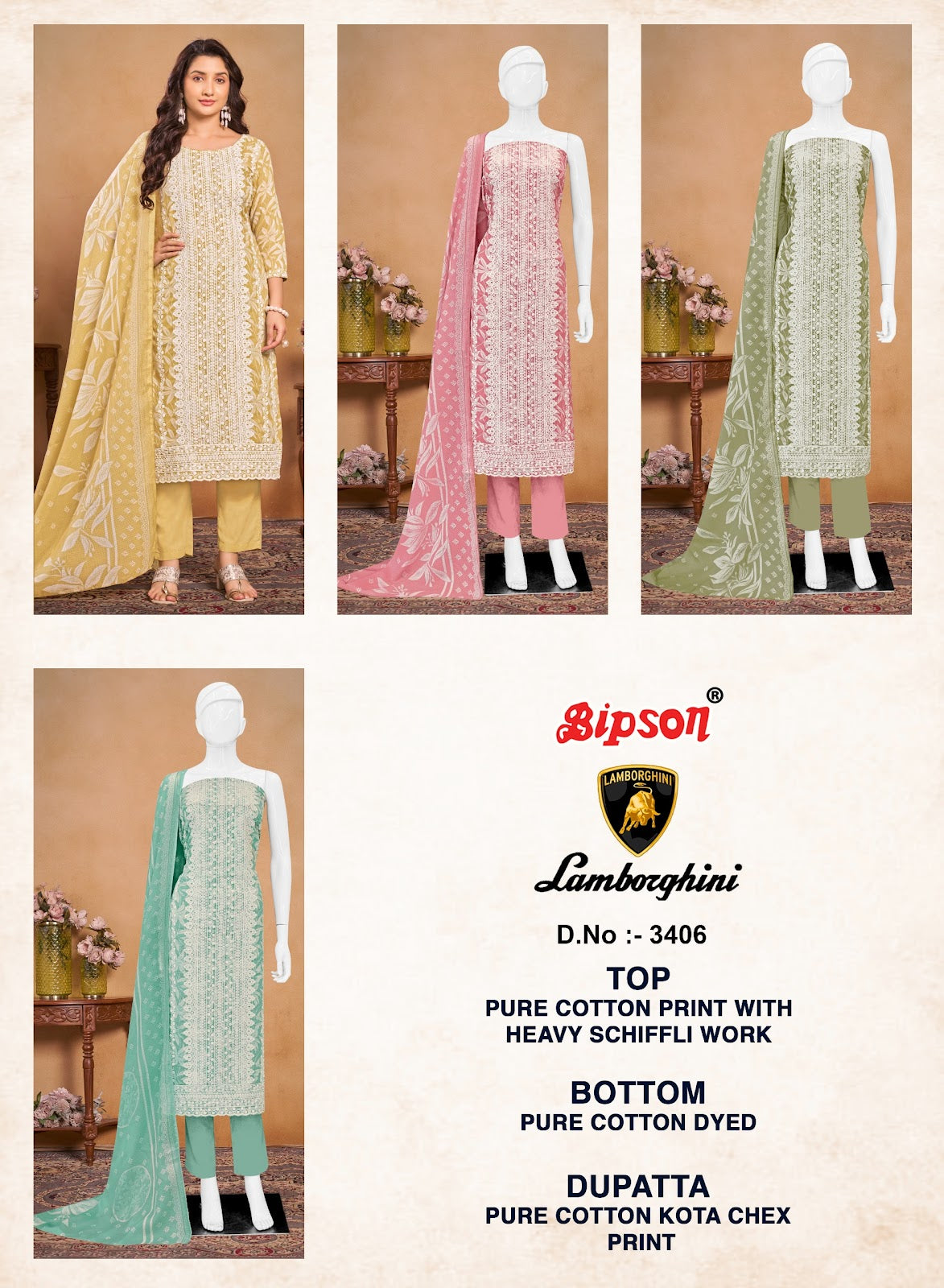 Lamborghini 3406 Bipson Prints Pure Cotton Pant Style Suits Supplier India