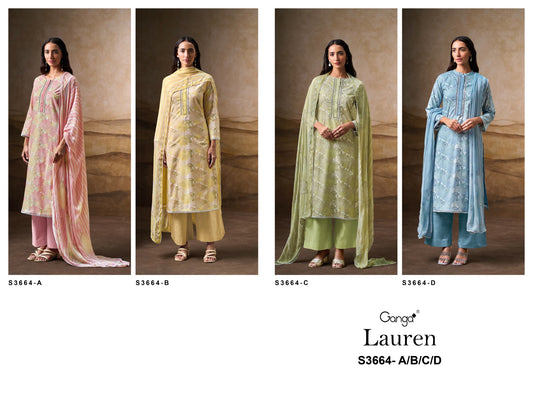 Lauren 3664 Ganga Premium Cotton Plazzo Style Suits Wholesaler Ahmedabad