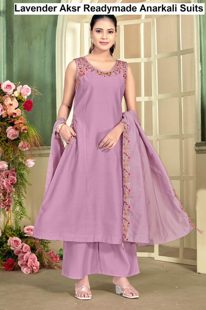 Lavender Aksr Roman Silk Readymade Anarkali Suits Supplier Ahmedabad