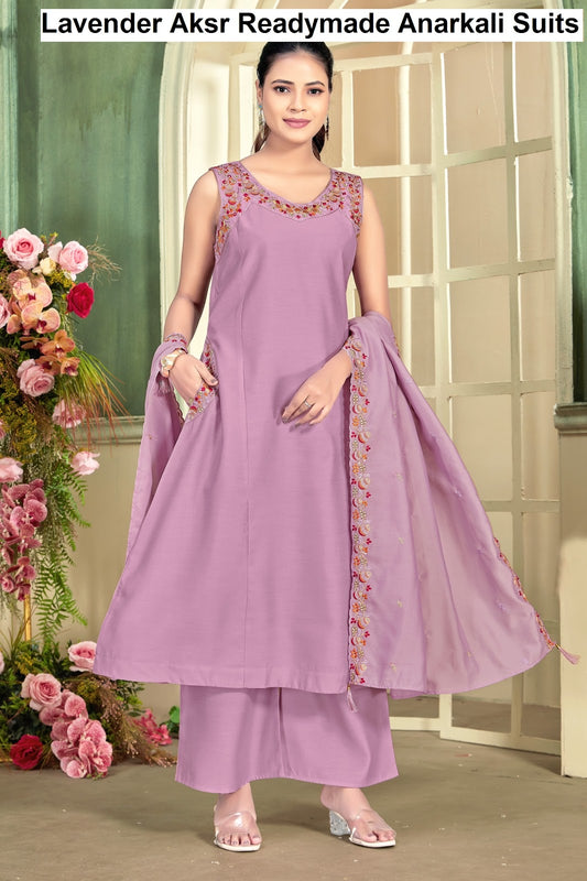 Lavender Aksr Roman Silk Readymade Anarkali Suits Supplier Ahmedabad