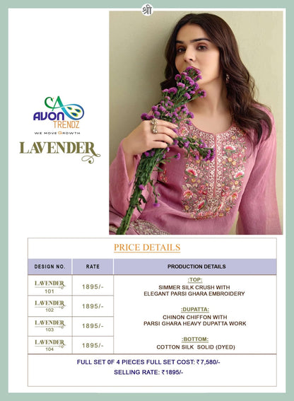 Lavender Avon Trendz Simmer Silk Pant Style Suits Wholesaler
