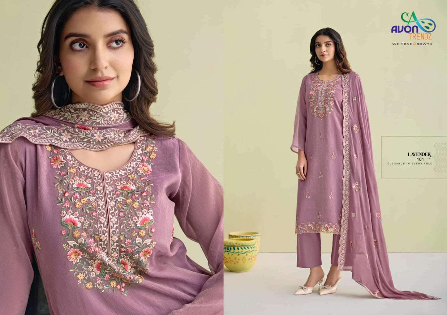 Lavender Avon Trendz Simmer Silk Pant Style Suits Wholesaler