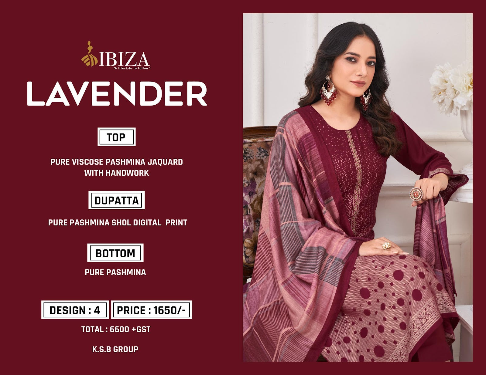 Lavender Winter Collection Ibiza Viscose Pashmina Suits Wholesale Price