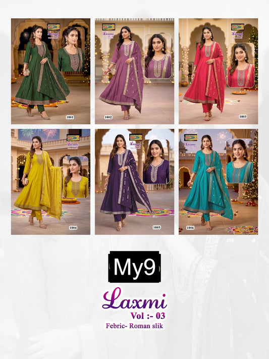 Laxmi Vol 3 My9 Roman Silk Readymade Anarkali Suits Supplier Gujarat