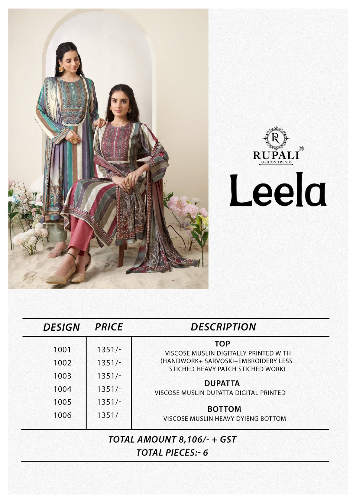 Leela Rupali Viscose Muslin Pant Style Suits Wholesale