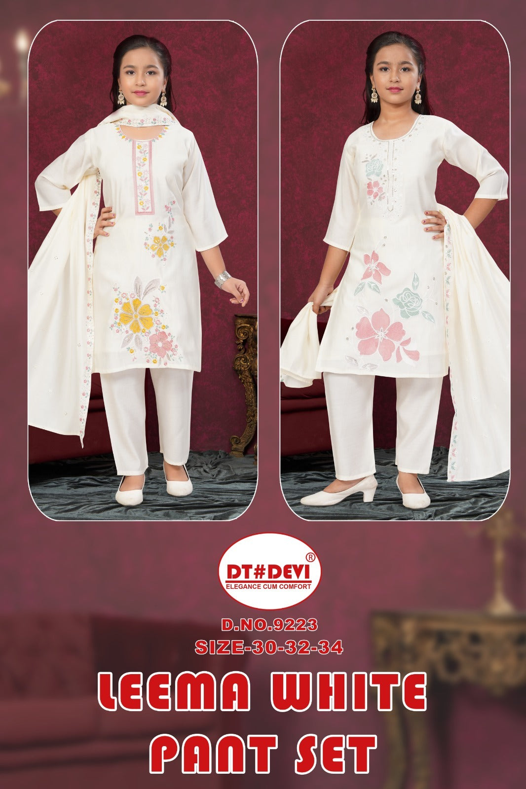 Leema White Dn 9223 Dt Devi Roman Silk Girls Readymade Pant Suits Supplier Gujarat