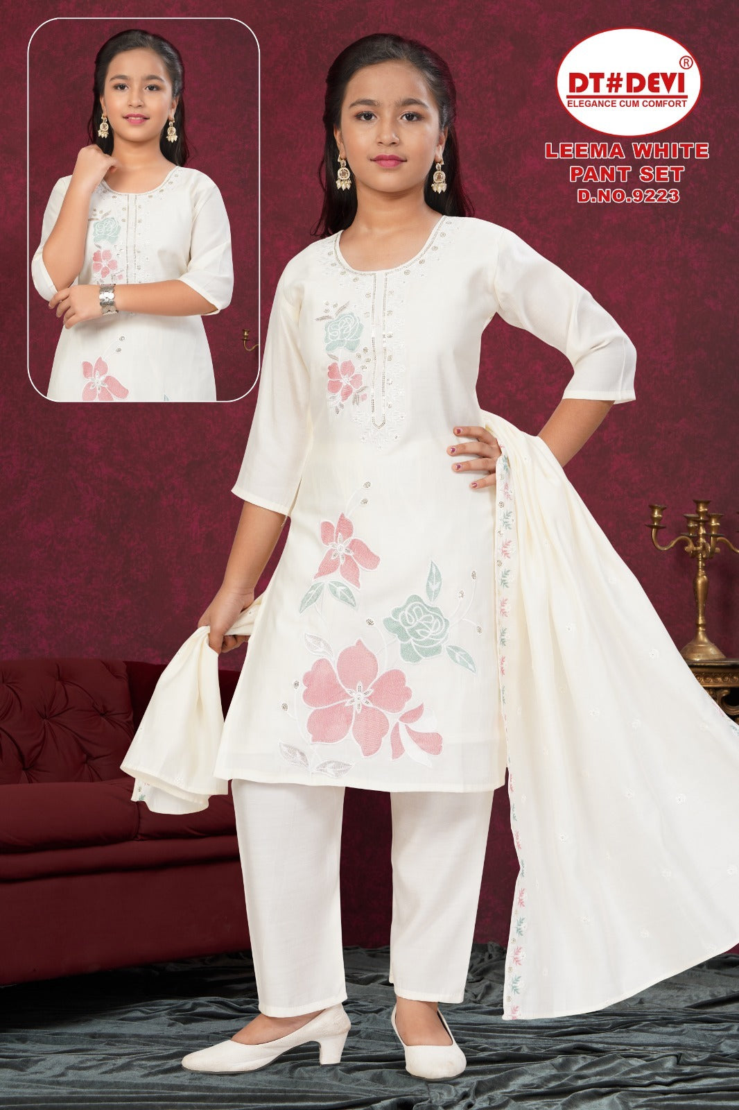 Leema White Dn 9223 Dt Devi Roman Silk Girls Readymade Pant Suits Supplier Gujarat