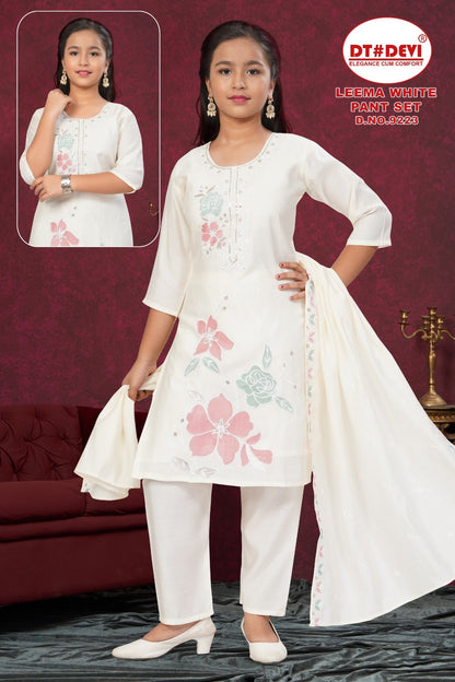 Leema White Dn 9223 Dt Devi Roman Silk Girls Readymade Pant Suits Supplier Gujarat