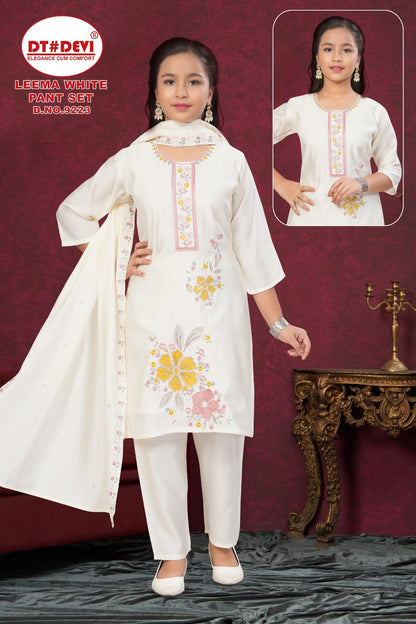 Leema White Dn 9223 Dt Devi Roman Silk Girls Readymade Pant Suits Supplier Gujarat