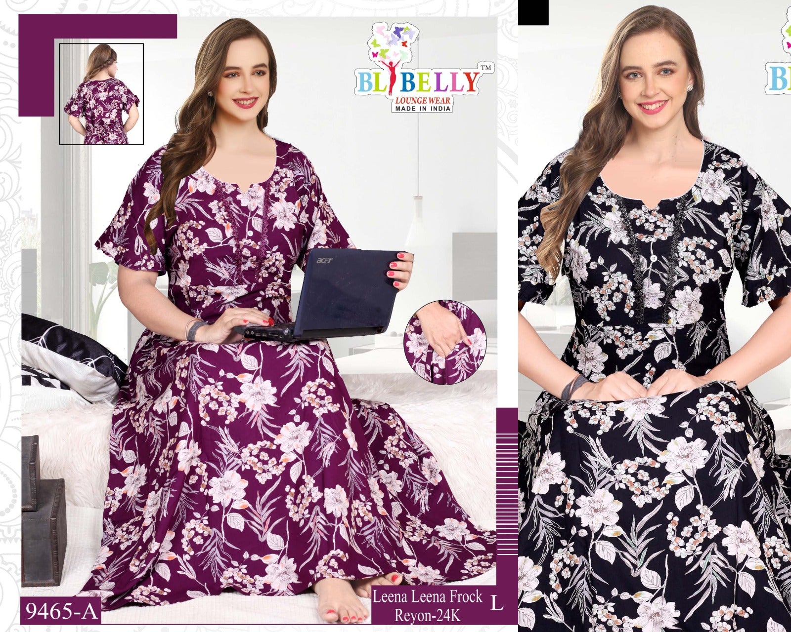 Leena Frock Sleeve Belly Rayon Night Gowns Wholesaler India