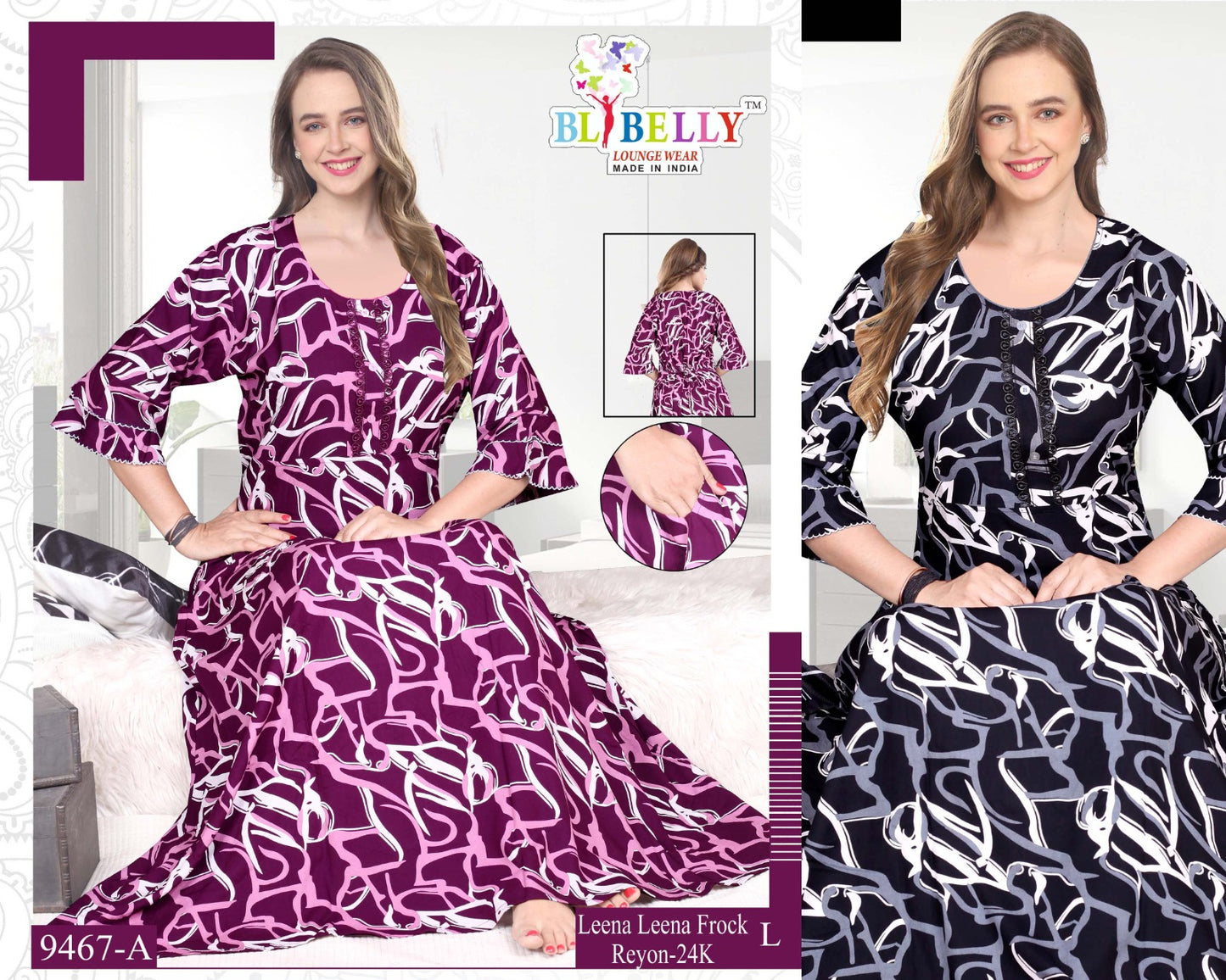 Leena Frock Sleeve Belly Rayon Night Gowns Wholesaler India