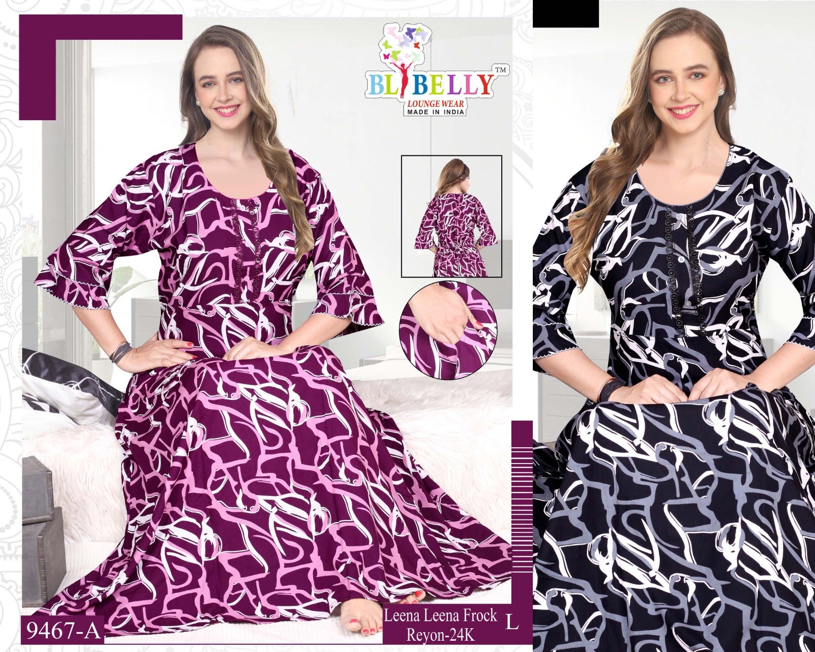 Leena Frock Sleeve Belly Rayon Night Gowns Wholesaler India