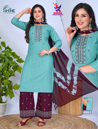 Lets Shine Mlm Kalash Lifestyle Rayon 14Kg Readymade Plazzo Style Suits Supplier