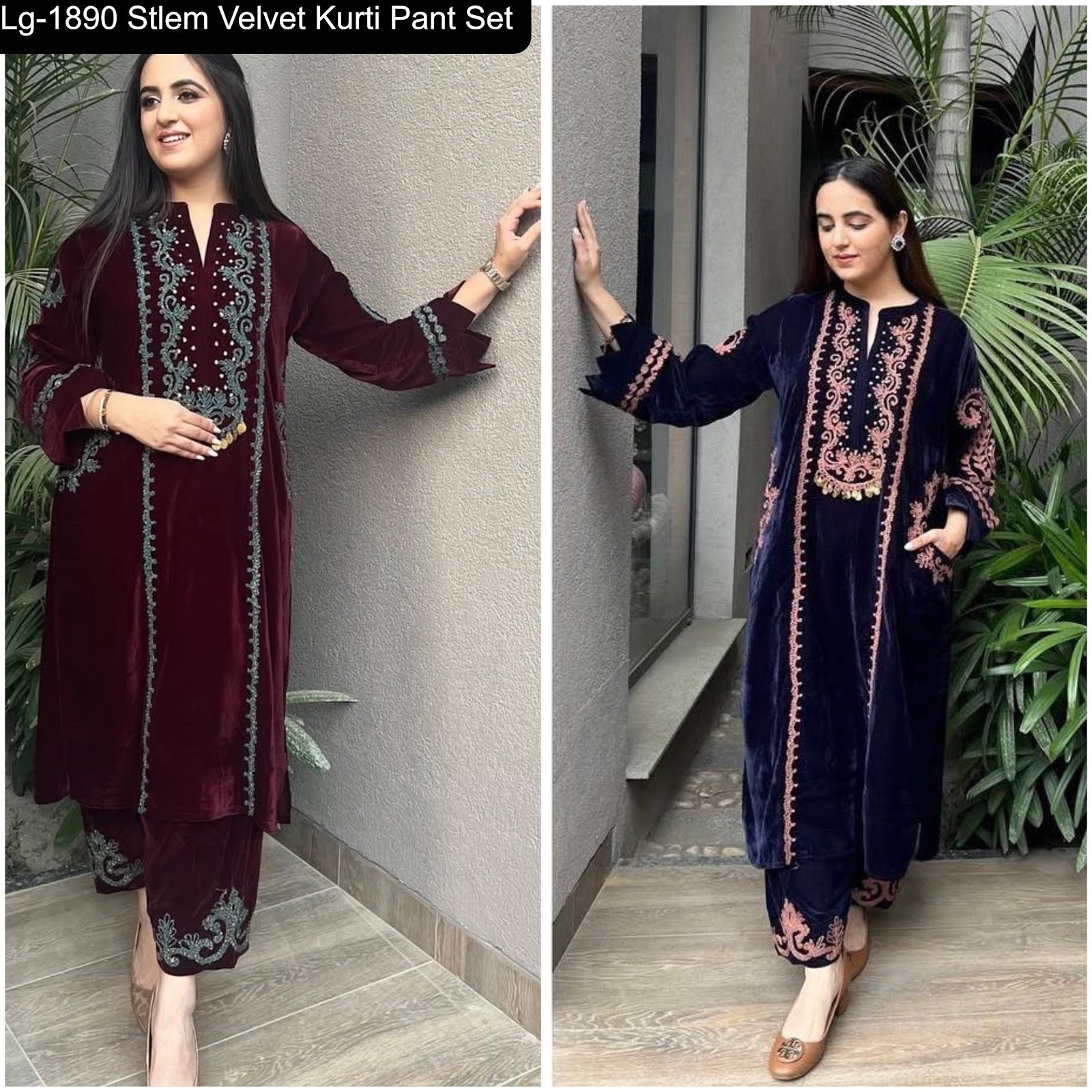 Lg-1890 Stlem Velvet Kurti Pant Set Exporter