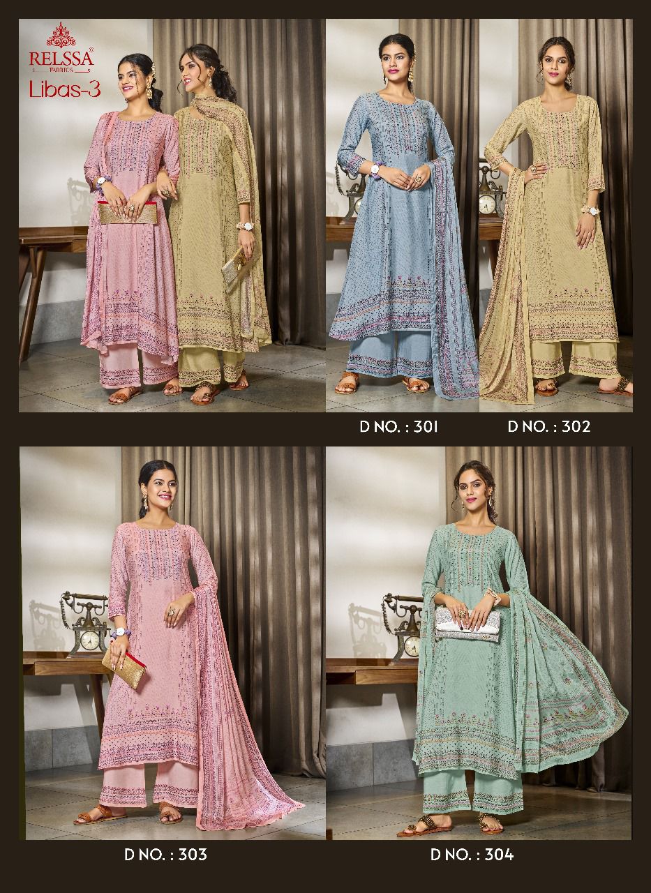 Libas-3 Relssa Fabrics Muslin Silk Plazzo Style Suits