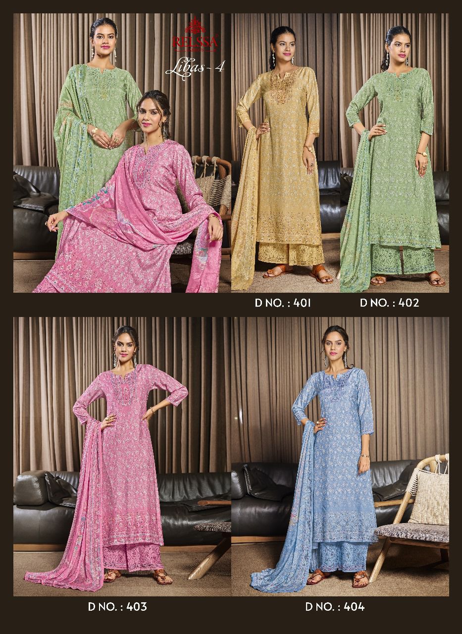 Libas 4 Relssa Fabrics Muslin Silk Plazzo Style Suits Wholesale Price