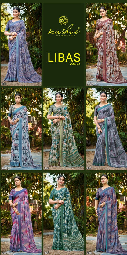 Libas Vol 8 Kashvi Creation Dull Moss Sarees Wholesaler Ahmedabad