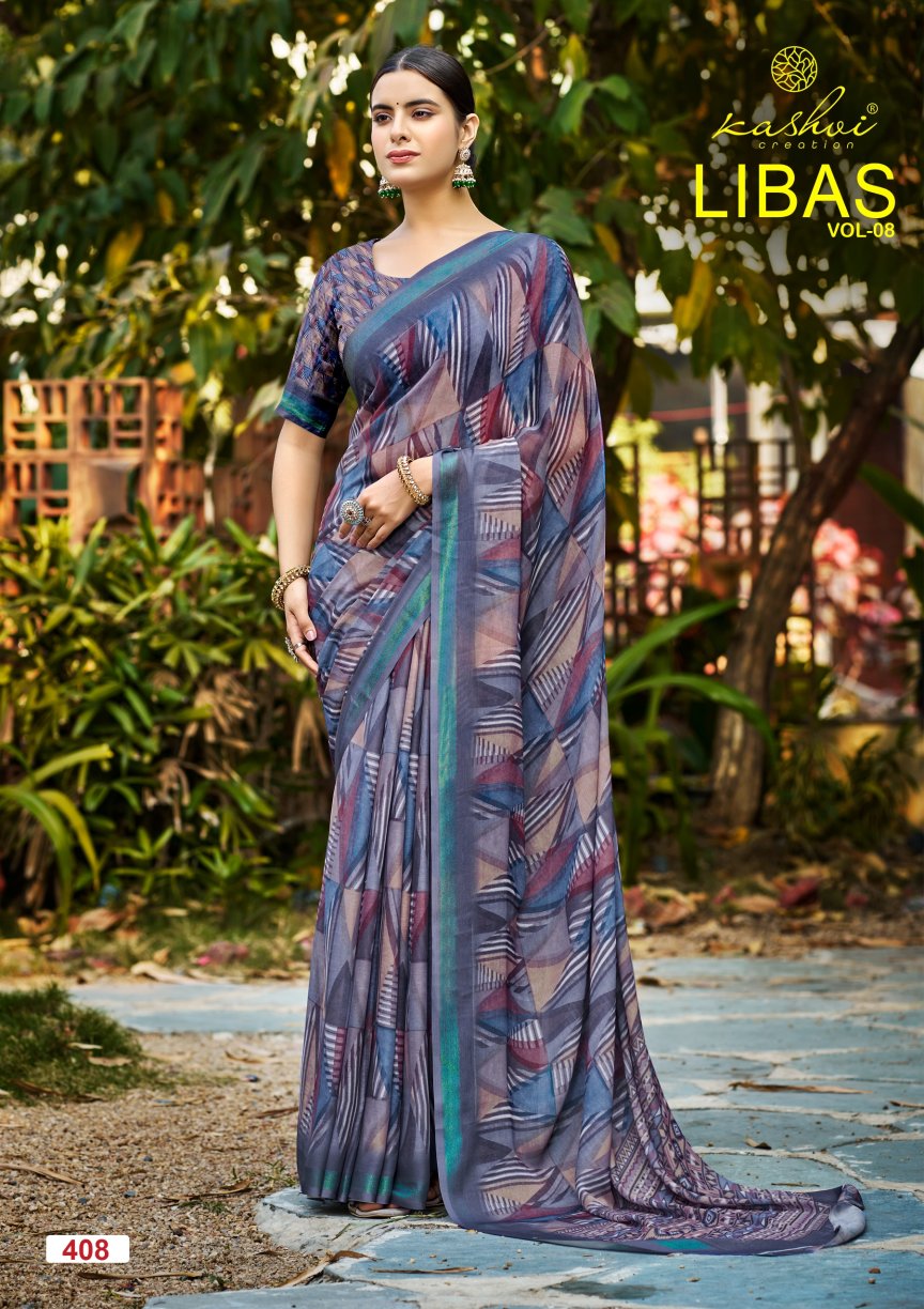 Libas Vol 8 Kashvi Creation Dull Moss Sarees Wholesaler Ahmedabad