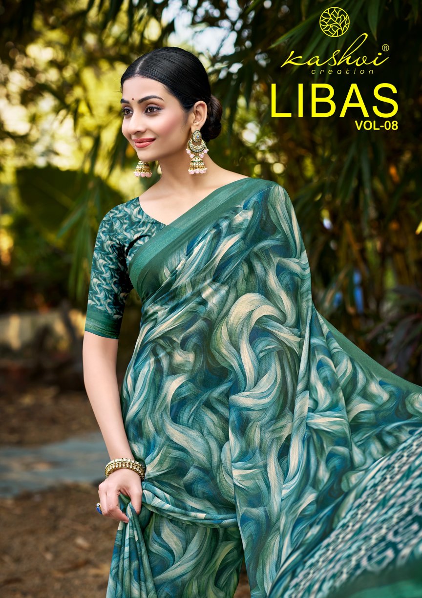 Libas Vol 8 Kashvi Creation Dull Moss Sarees Wholesaler Ahmedabad