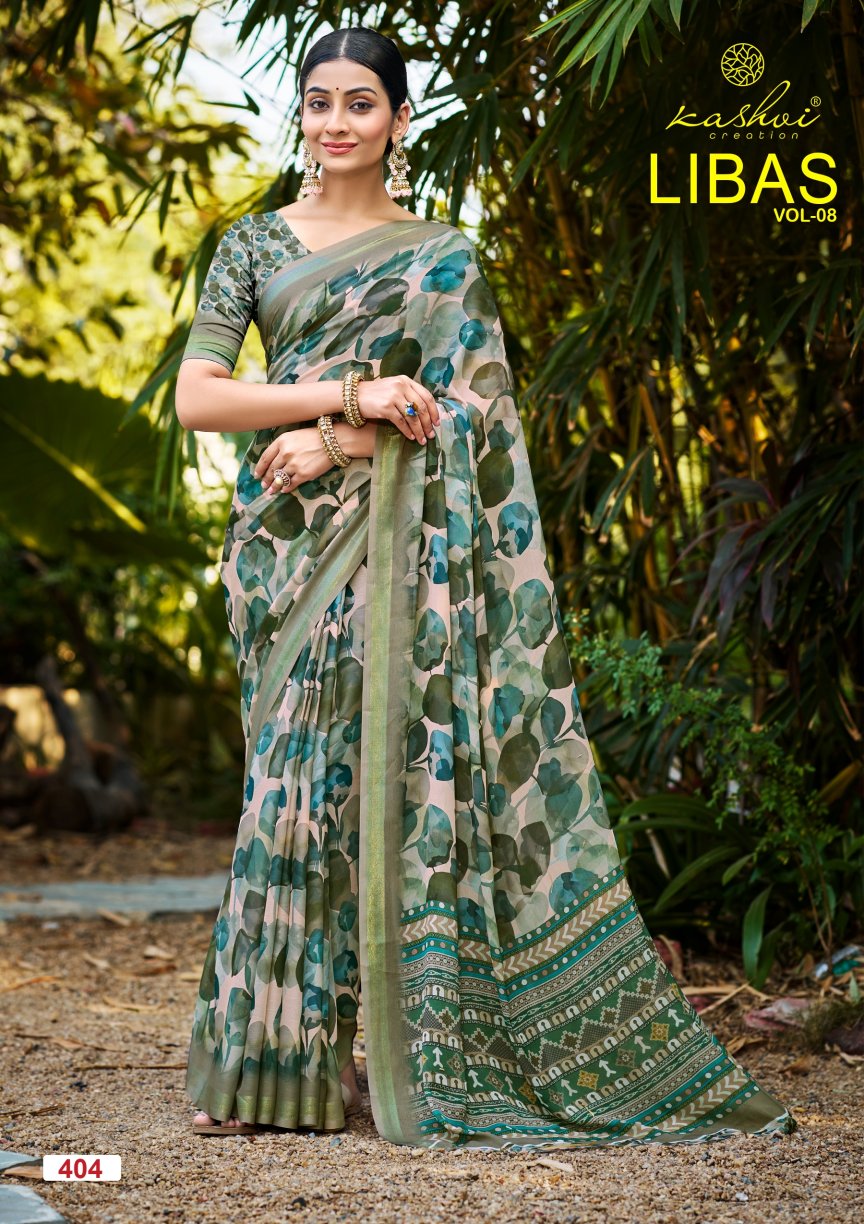 Libas Vol 8 Kashvi Creation Dull Moss Sarees Wholesaler Ahmedabad