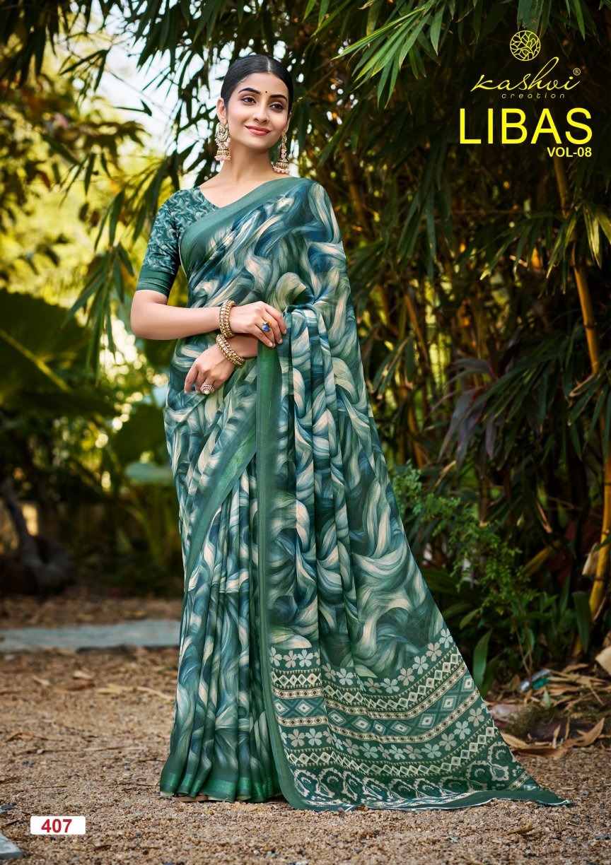Libas Vol 8 Kashvi Creation Dull Moss Sarees Wholesaler Ahmedabad