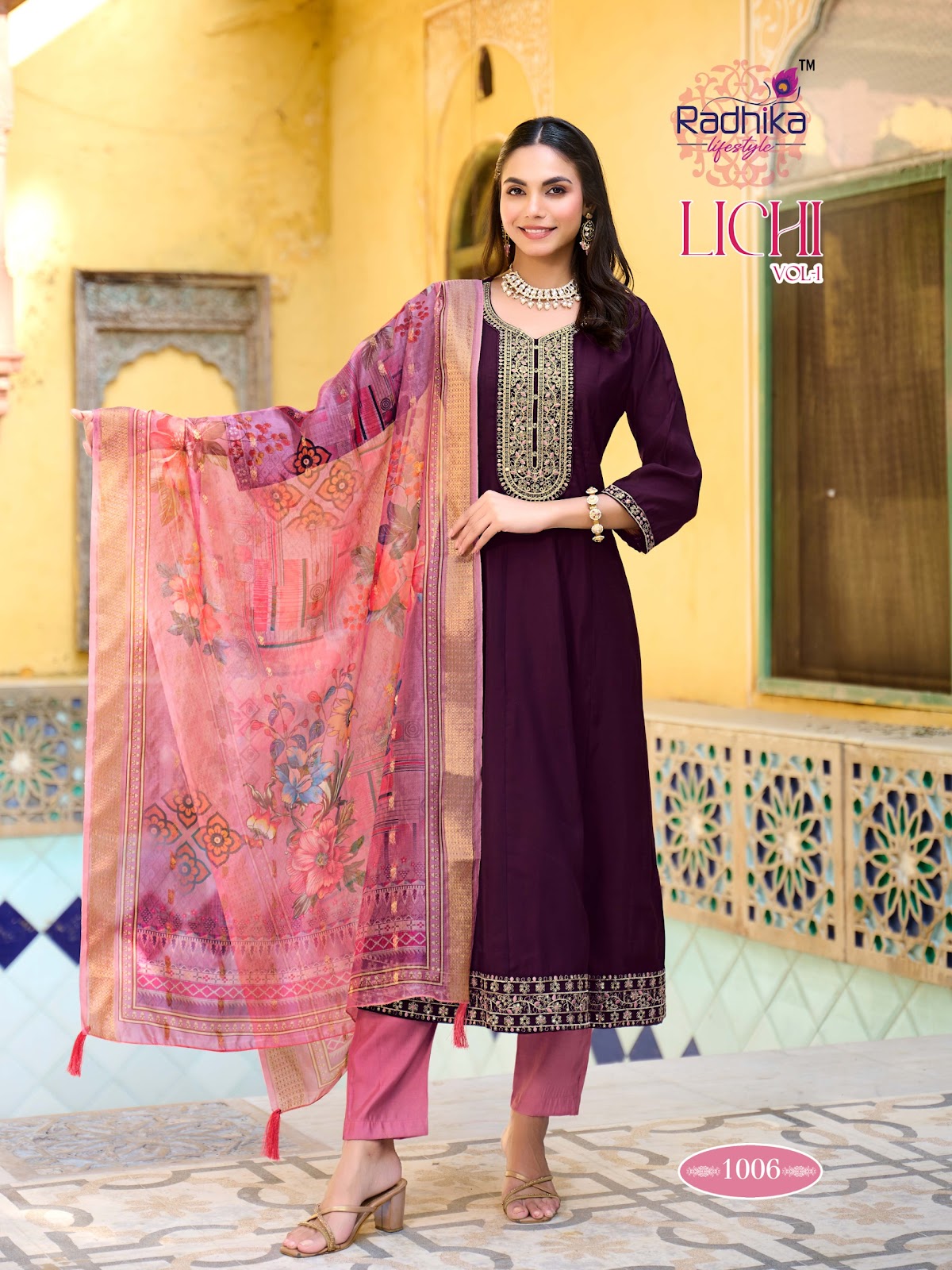 Lichi Vol 1 Radhika Lifestyle Roman Silk Readymade Anarkali Suits Exporter