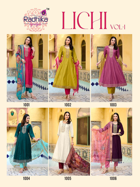 Lichi Vol 1 Radhika Lifestyle Roman Silk Readymade Anarkali Suits Exporter