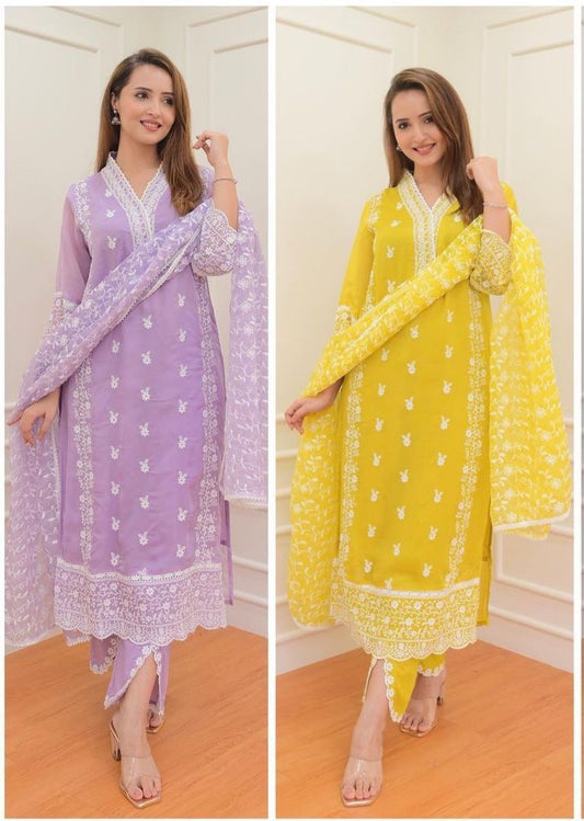 Lilac And Yellow Lady-Leela Organza Readymade Pant Style Suits Manufacturer