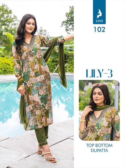 Lily Vol 3 Kaya Rayon Foil Readymade Pant Style Suits Wholesale
