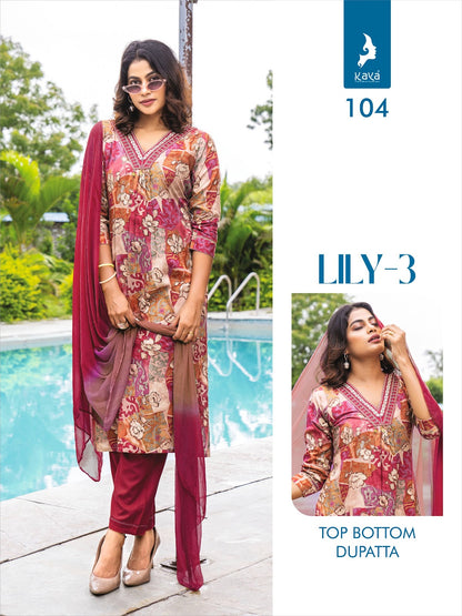 Lily Vol 3 Kaya Rayon Foil Readymade Pant Style Suits Wholesale