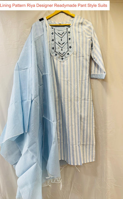 Lining Pattern Riya Designer Cotton Readymade Pant Style Suits Exporter Gujarat