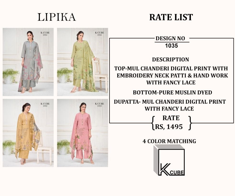Lipika 1035 K Cube Mul Chanderi Pant Style Suits Wholesale