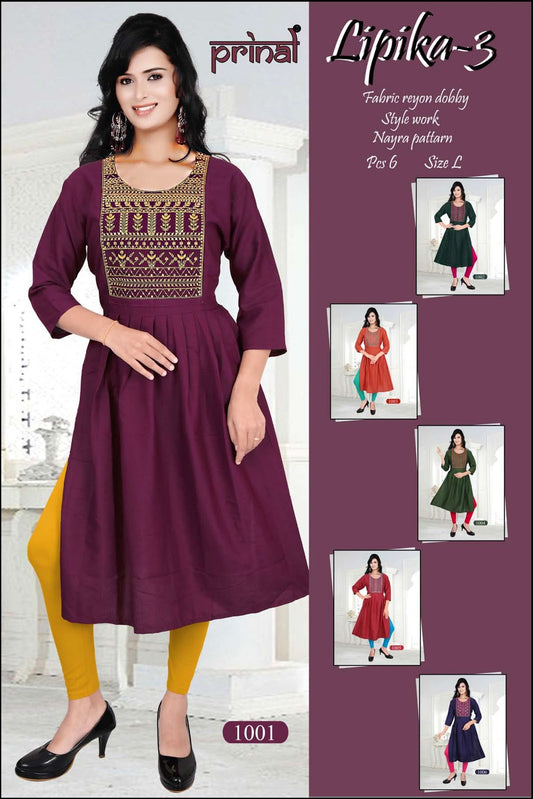 Lipika 3 Prinal Reyon Naira Cut Kurtis Wholesaler