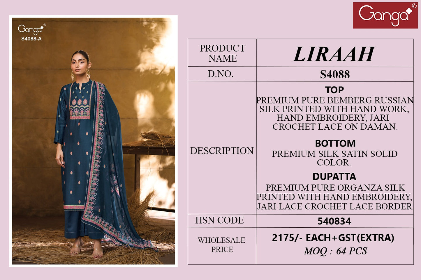 Liraah 4088 Ganga Premium Bemberg Plazzo Style Suits Wholesale Price