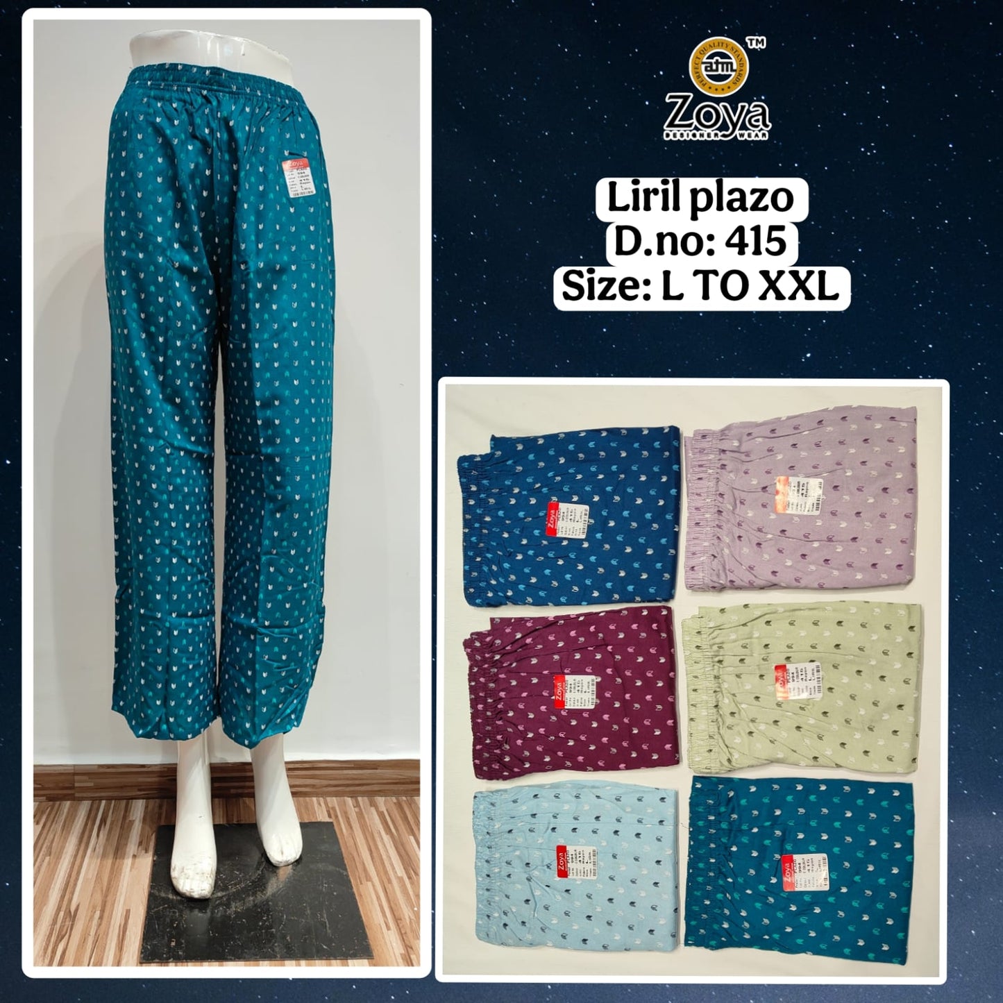 Liril 150825 Zoya Rayon Branded Palazzo Wholesale Rate