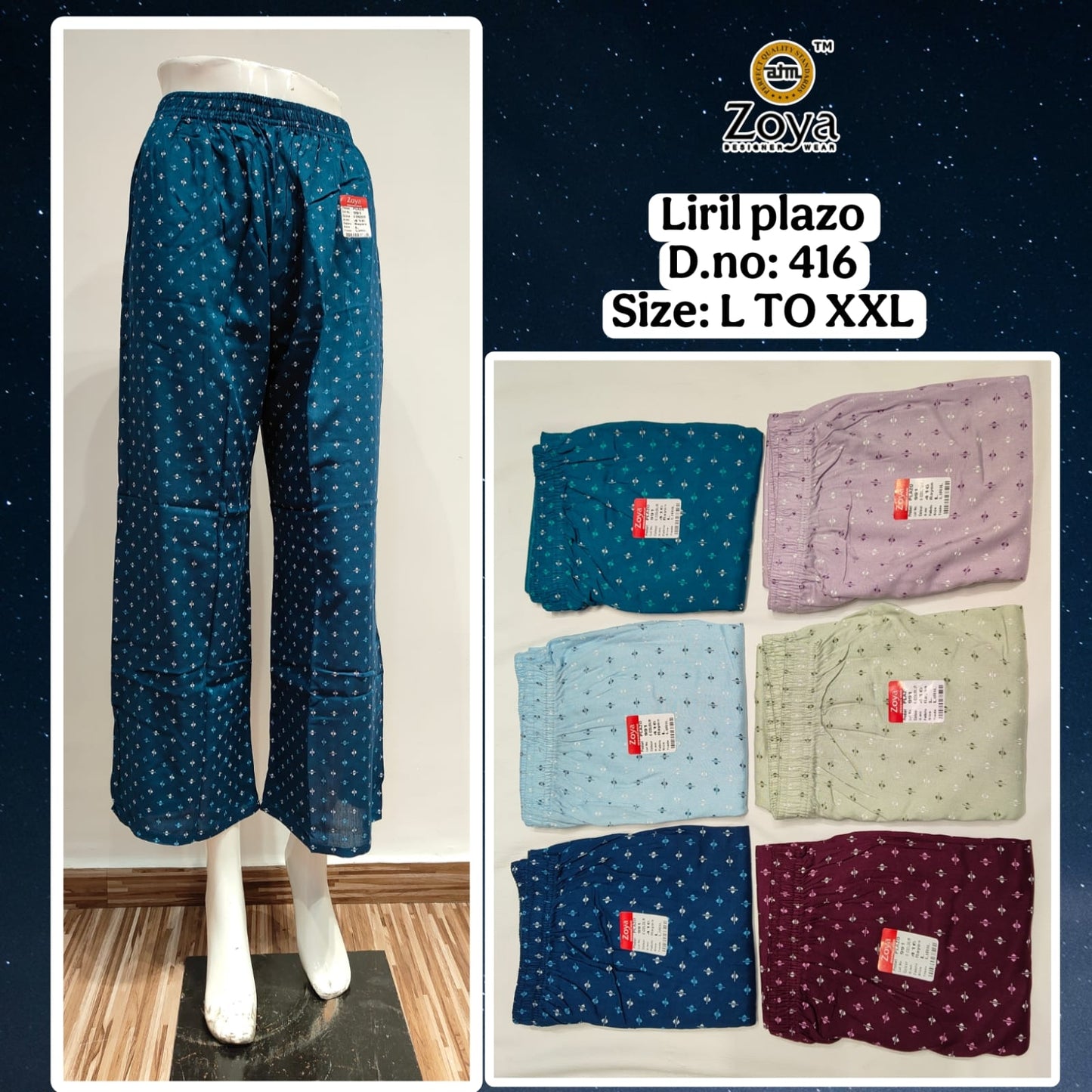 Liril 150825 Zoya Rayon Branded Palazzo Wholesale Rate