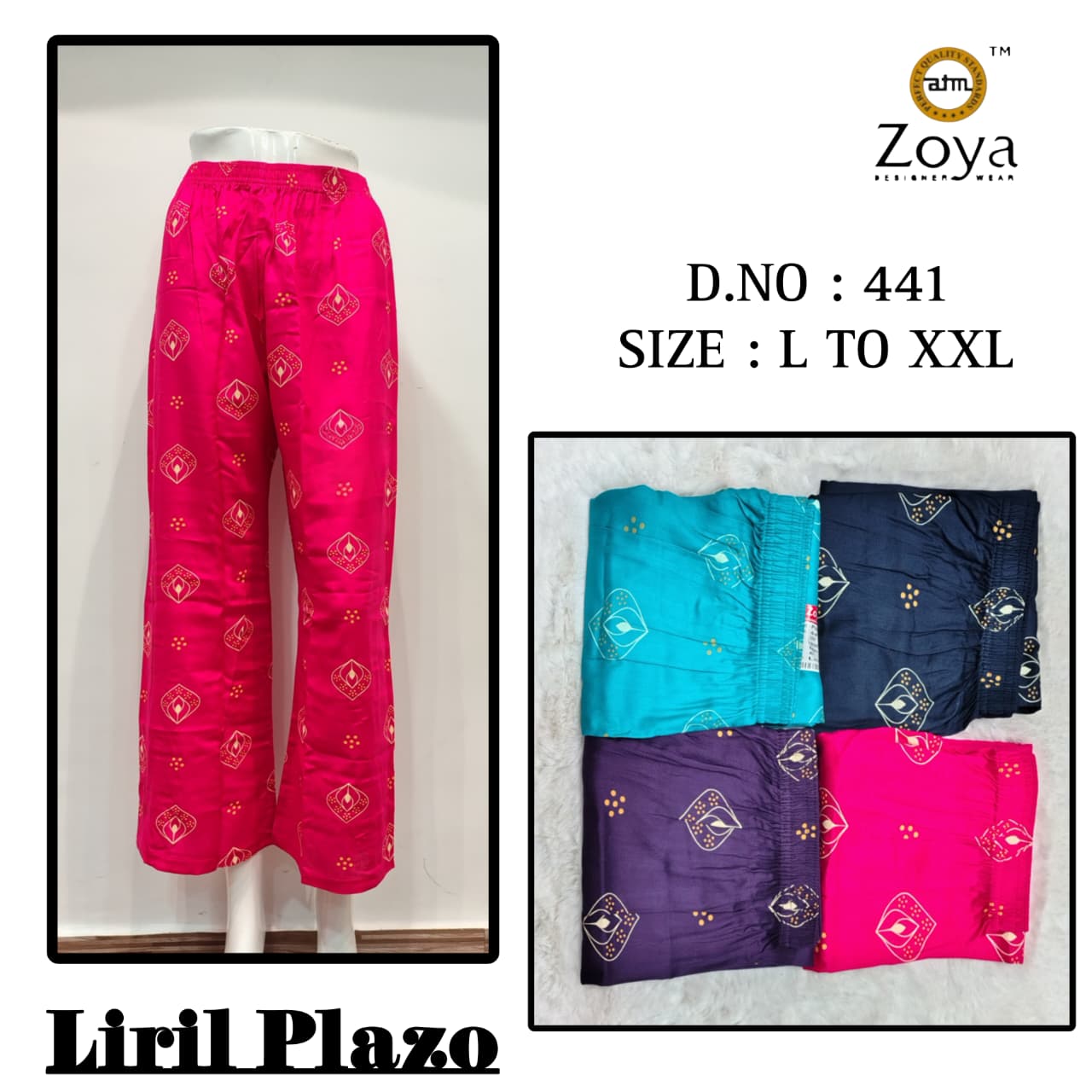 Liril 231225 Zoya Rayon Branded Palazzo Exporter India