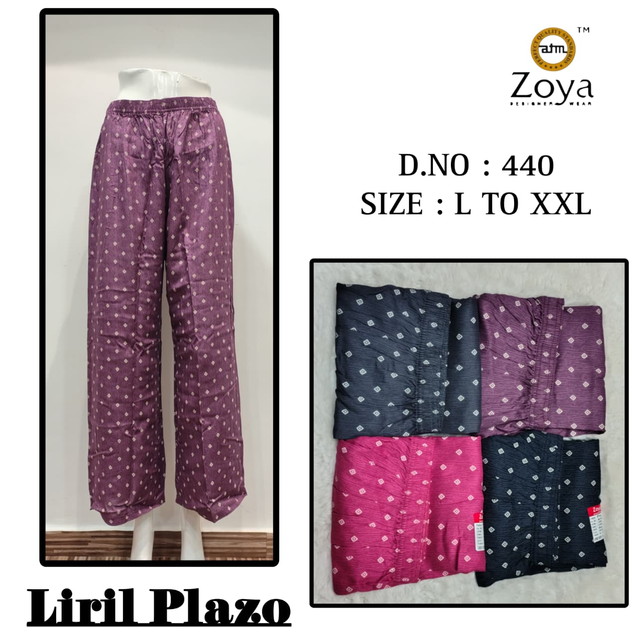 Liril 231225 Zoya Rayon Branded Palazzo Exporter India