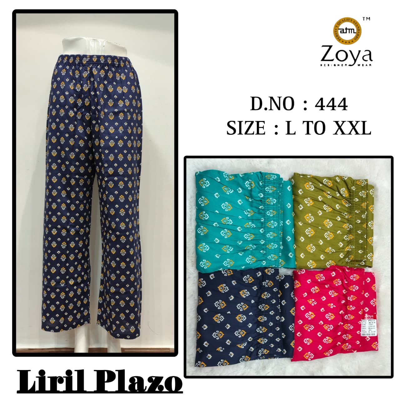 Liril 231225 Zoya Rayon Branded Palazzo Exporter India