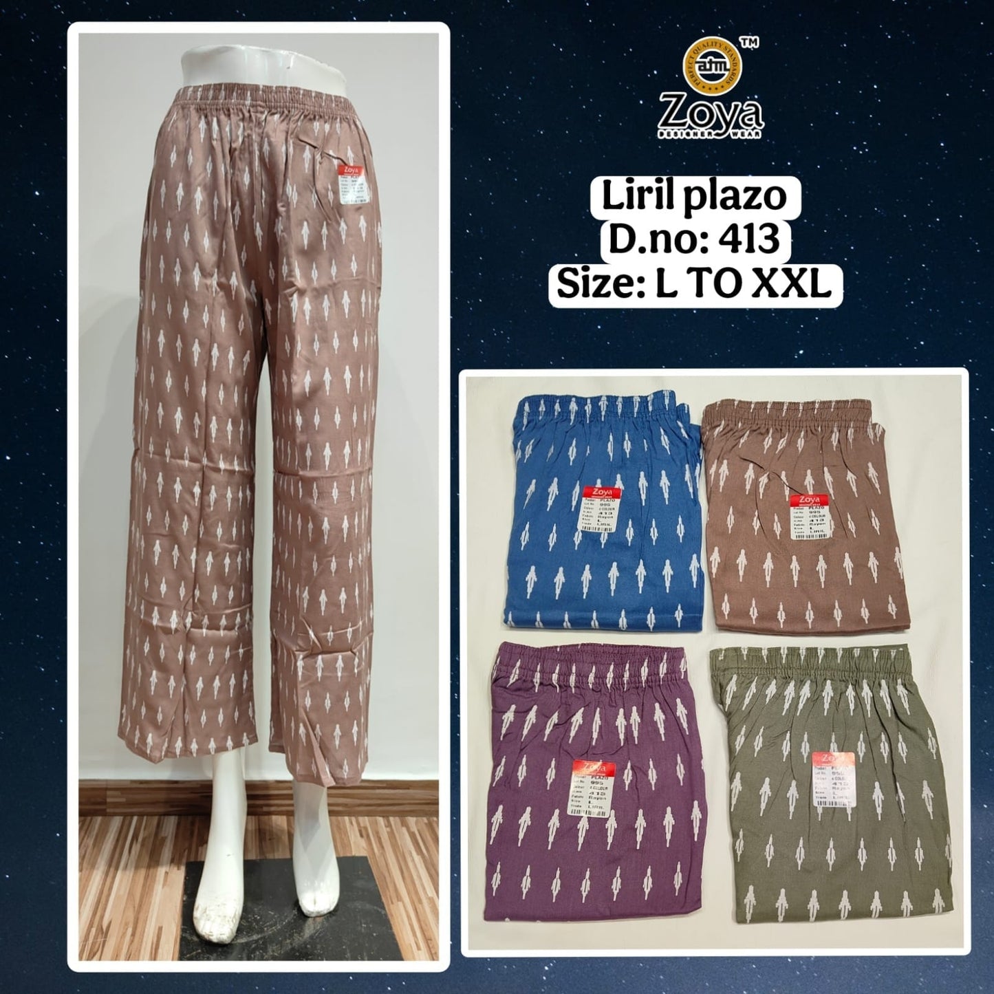 Liril 231225 Zoya Rayon Branded Palazzo Exporter India