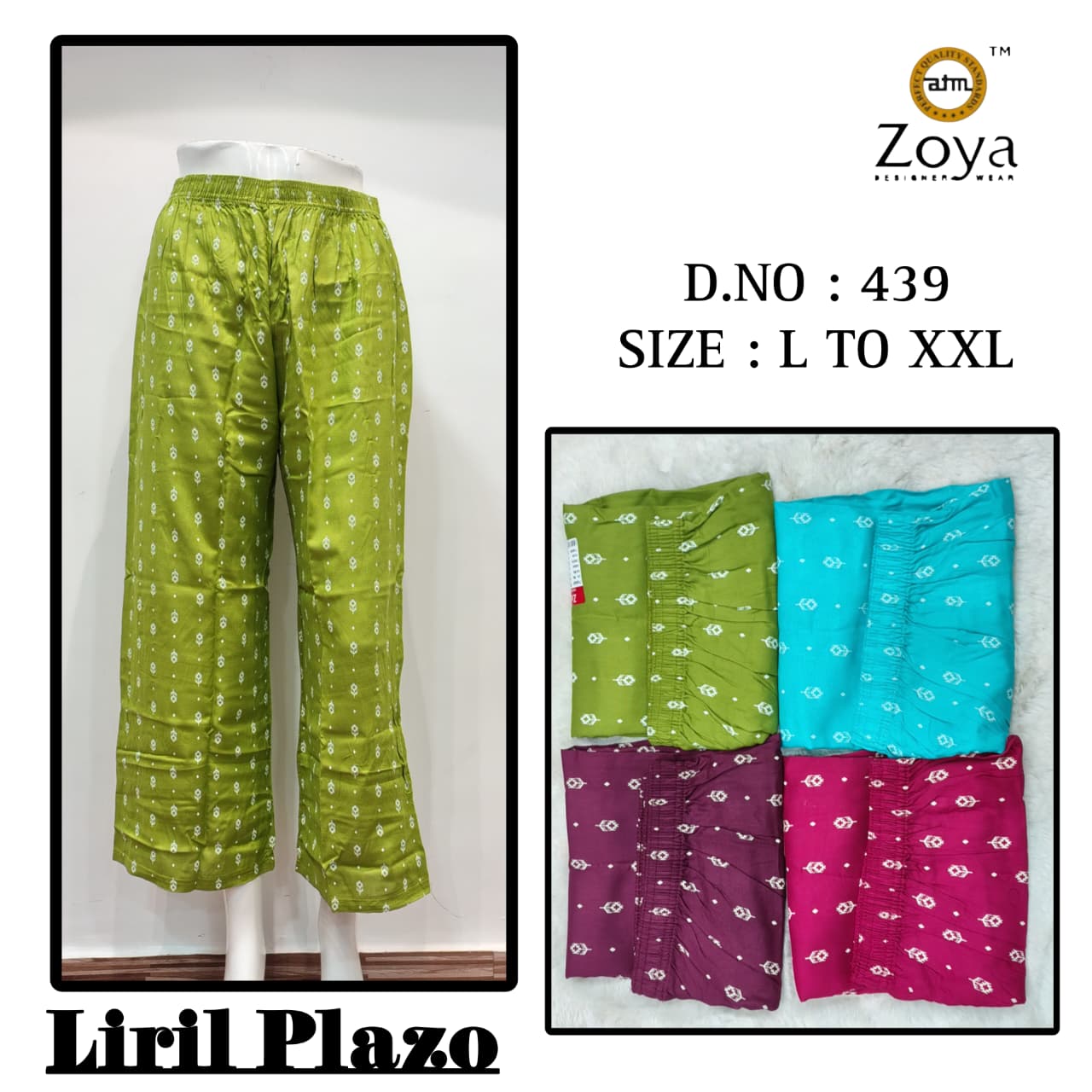 Liril 231225 Zoya Rayon Branded Palazzo Exporter India