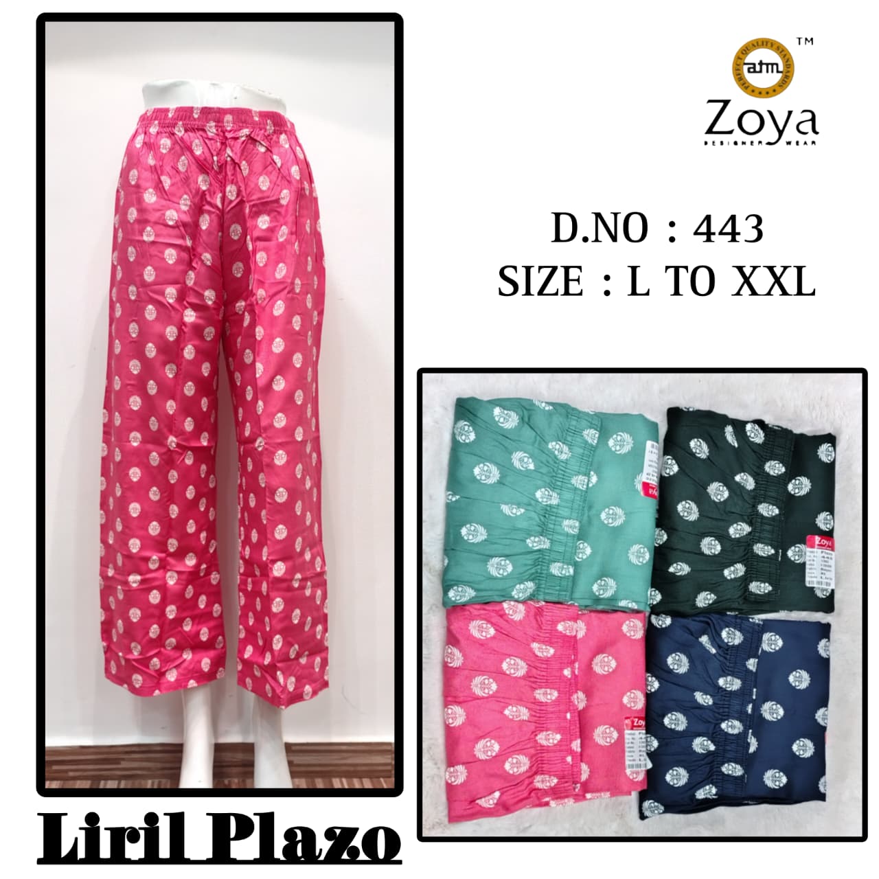Liril 231225 Zoya Rayon Branded Palazzo Exporter India