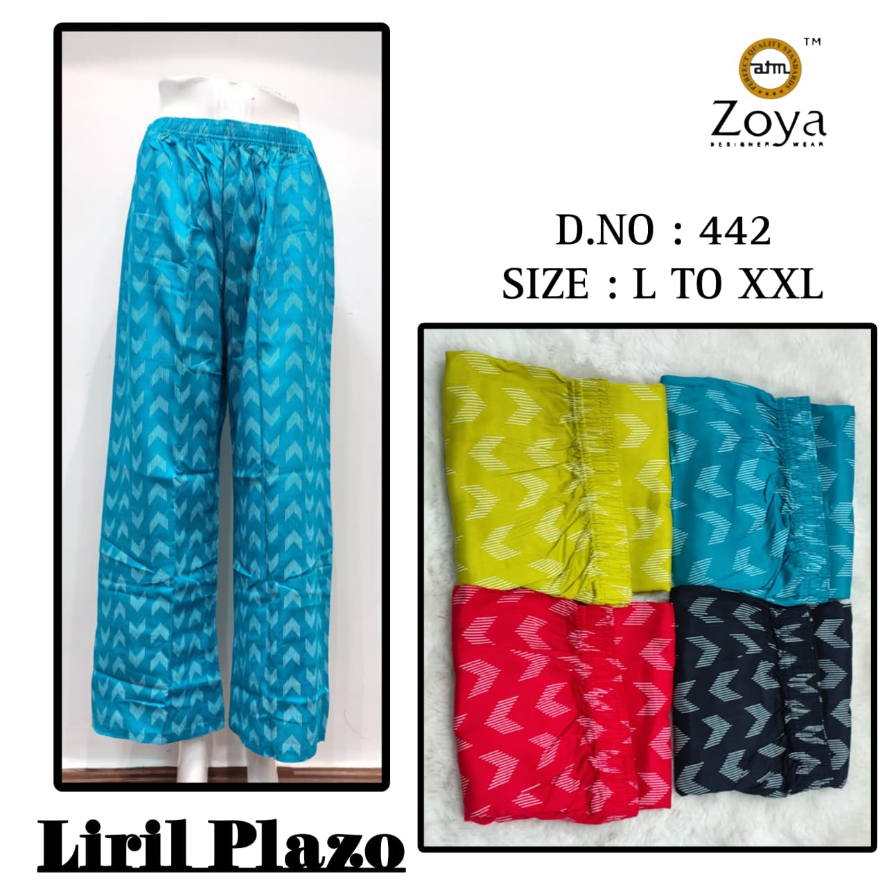 Liril 231225 Zoya Rayon Branded Palazzo Exporter India